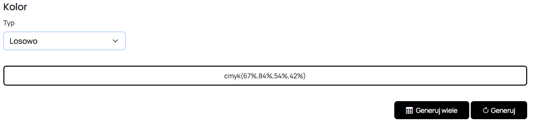 Zrzut ekranu: generator kolorów z typem "Losowo" i wynikiem w formacie CMYK: cmyk(67%,84%,54%,42%)