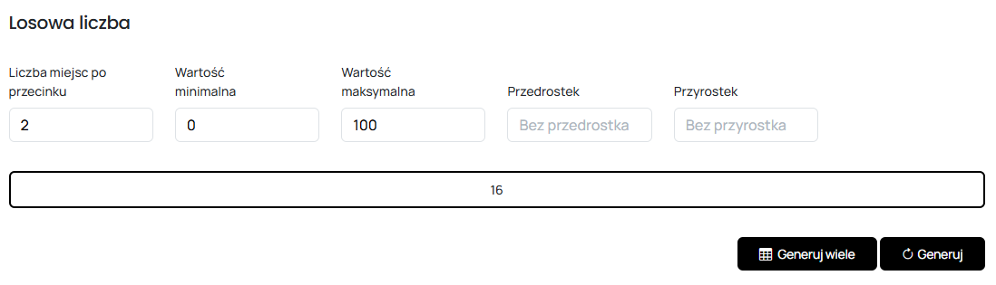 Zrzut ekranu: generator losowej liczby z polami miejsc po przecinku, wartości min. i maks. (0–100), przedrostka i przyrostka