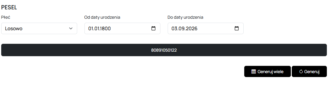 Zrzut ekranu: generator PESEL na testerzy+ z numerem wygenerowanym od razu po wejściu, bez klikania „Generuj”