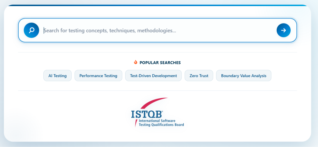 Zrzut ekranu: strona główna ISTQB TBoK z polem wyszukiwania i podpowiedziami popularnych haseł, np. AI Testing, Zero Trust